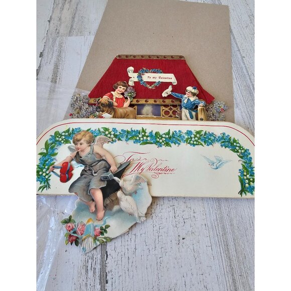 Antique Valentine 3D die cut card dog girl boy Germany cardboard‎ cutout - Picture 9 of 11